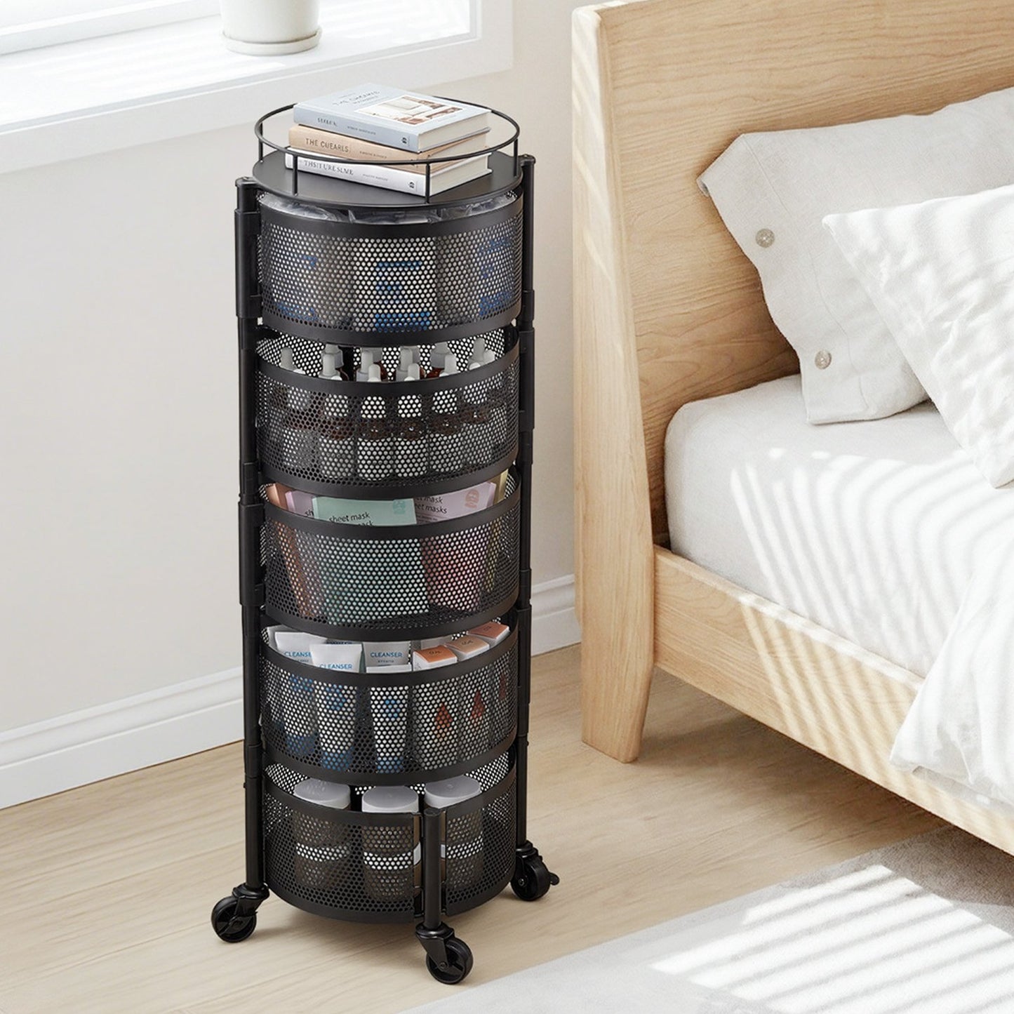 Rotating Storage Rack Cart, 5 Tier Fruit and Vegetable Basket Bowls, Heavy Duty Wire Basket Organizer on Wheels, Large Capacity Stand with Metal Top Lid, for Kitchen Bathroom Nursery, Black