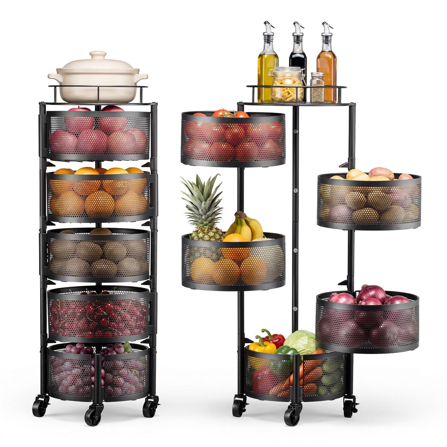 Rotating Storage Rack Cart, 5 Tier Fruit and Vegetable Basket Bowls, Heavy Duty Wire Basket Organizer on Wheels, Large Capacity Stand with Metal Top Lid, for Kitchen Bathroom Nursery, Black