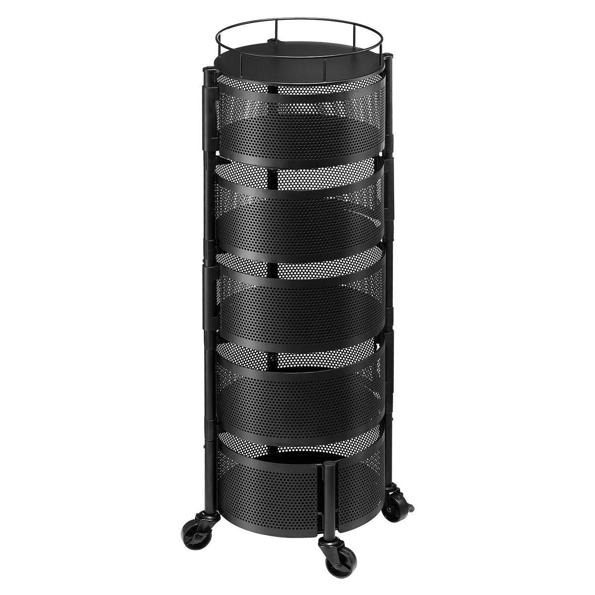 Rotating Storage Rack Cart, 5 Tier Fruit and Vegetable Basket Bowls, Heavy Duty Wire Basket Organizer on Wheels, Large Capacity Stand with Metal Top Lid, for Kitchen Bathroom Nursery, Black