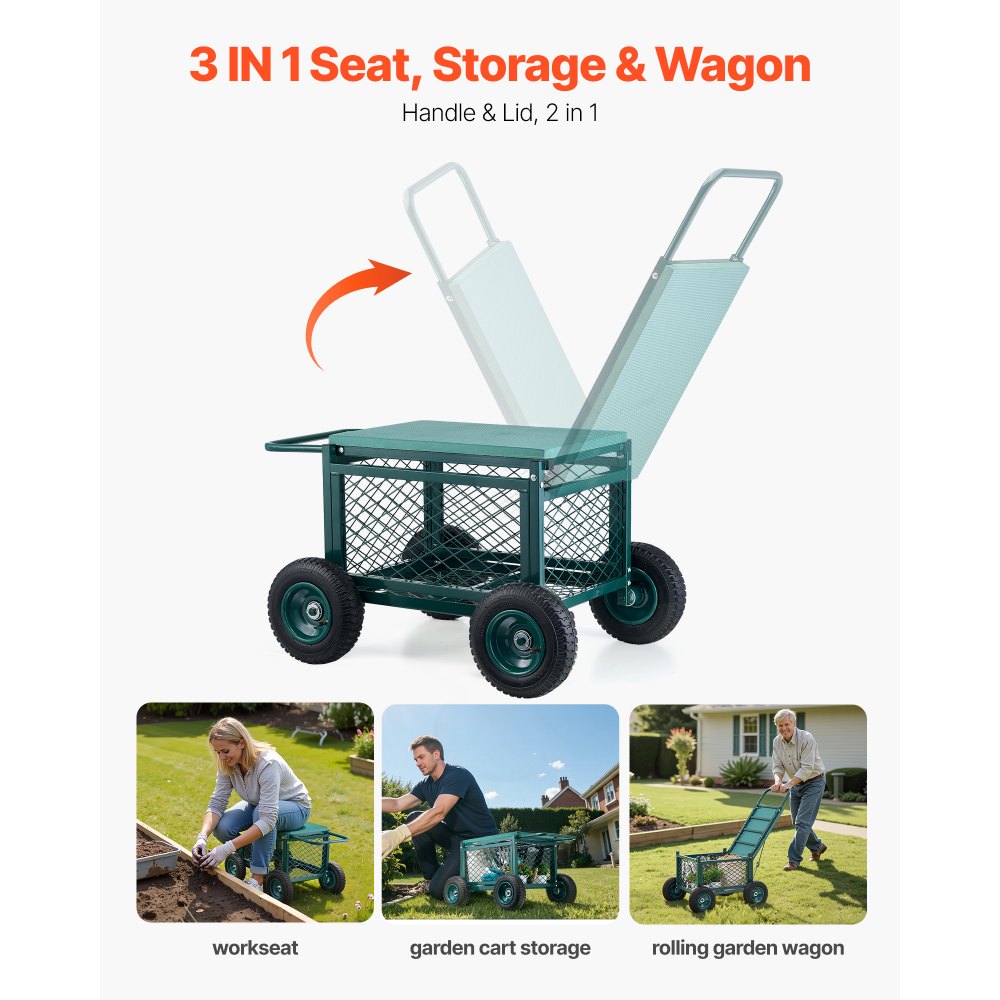 Rolling Garden Seat with Wheels 181kg Heavy Duty Garden Cart with Storage