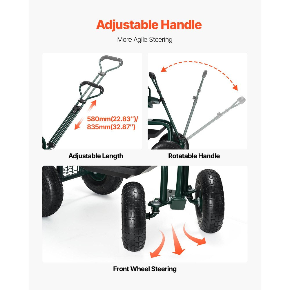 Rolling Garden Cart with Swivel Seat Wheels Extendable Handle Storage Box