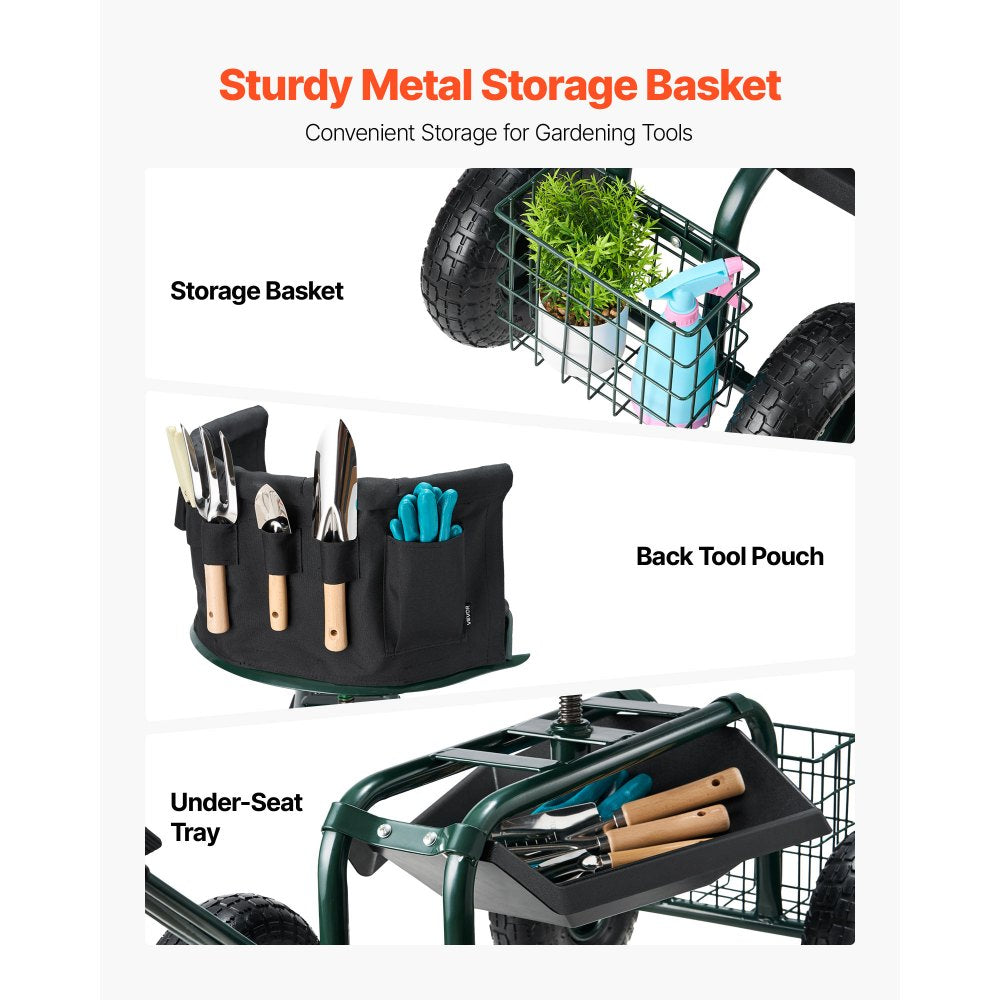 Rolling Garden Cart with Swivel Seat Wheels Extendable Handle Storage Box