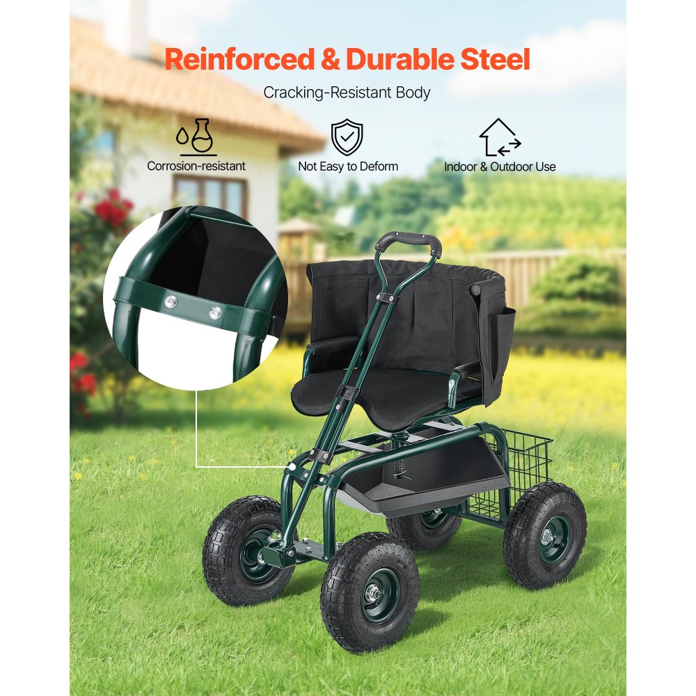 Rolling Garden Cart with Swivel Seat Wheels Extendable Handle Storage Box