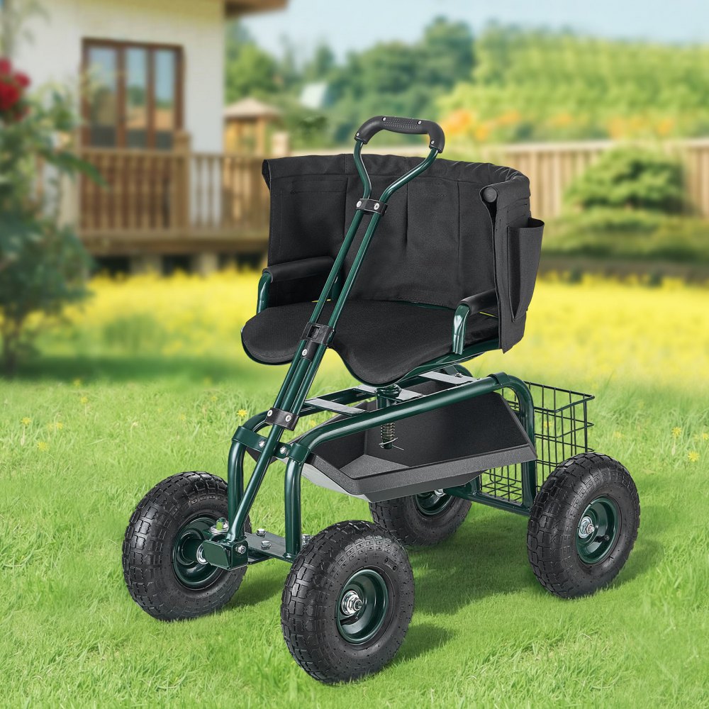 Rolling Garden Cart with Swivel Seat Wheels Extendable Handle Storage Box