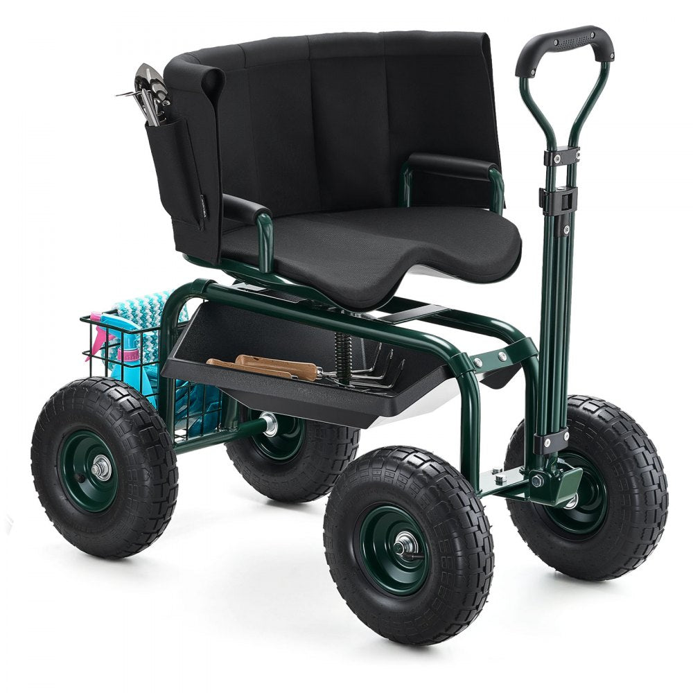 Rolling Garden Cart with Swivel Seat Wheels Extendable Handle Storage Box