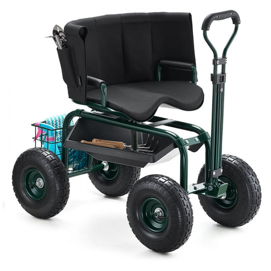 Rolling Garden Cart with Swivel Seat Wheels Extendable Handle Storage Box