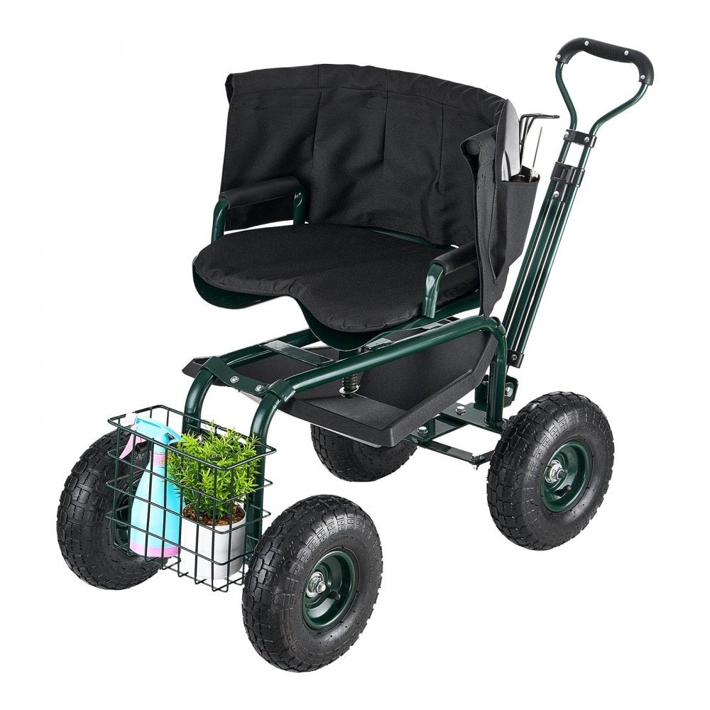 Rolling Garden Cart with Swivel Seat Wheels Extendable Handle Storage Box