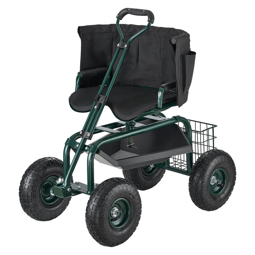 Rolling Garden Cart with Swivel Seat Wheels Extendable Handle Storage Box
