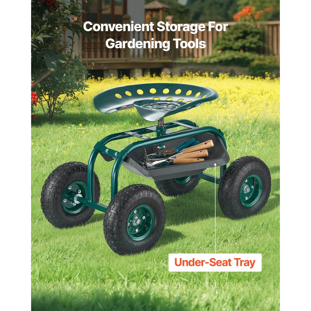 Rolling Garden Cart with Swivel Seat All-Terrain Wheels Tool Tray 136kg