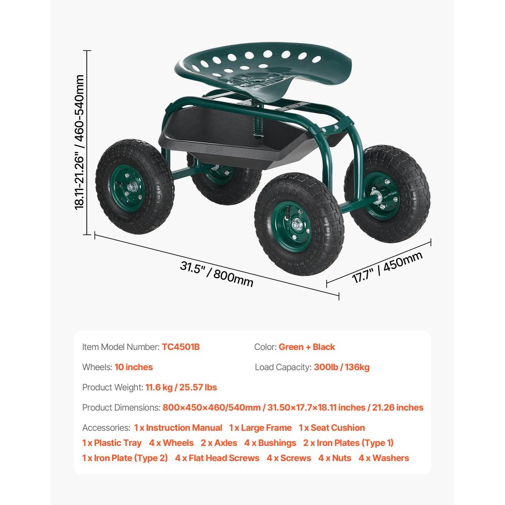 Rolling Garden Cart with Swivel Seat All-Terrain Wheels Tool Tray 136kg