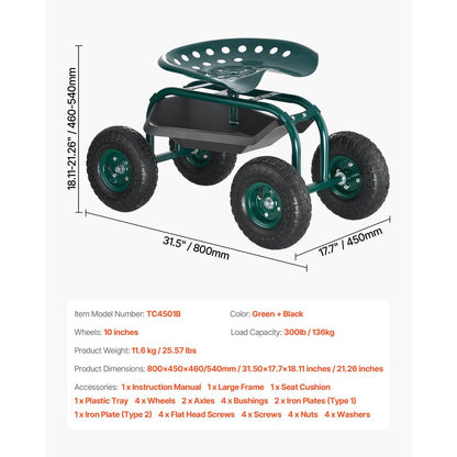 Rolling Garden Cart with Swivel Seat All-Terrain Wheels Tool Tray 136kg