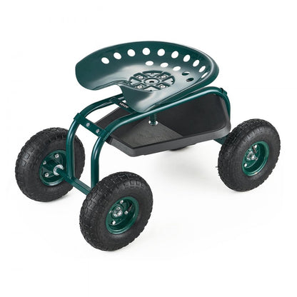 Rolling Garden Cart with Swivel Seat All-Terrain Wheels Tool Tray 136kg