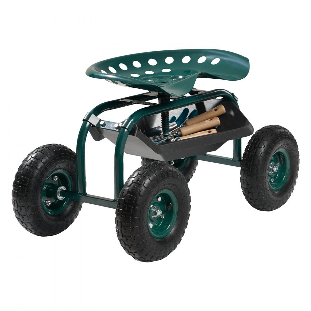 Rolling Garden Cart with Swivel Seat All-Terrain Wheels Tool Tray 136kg