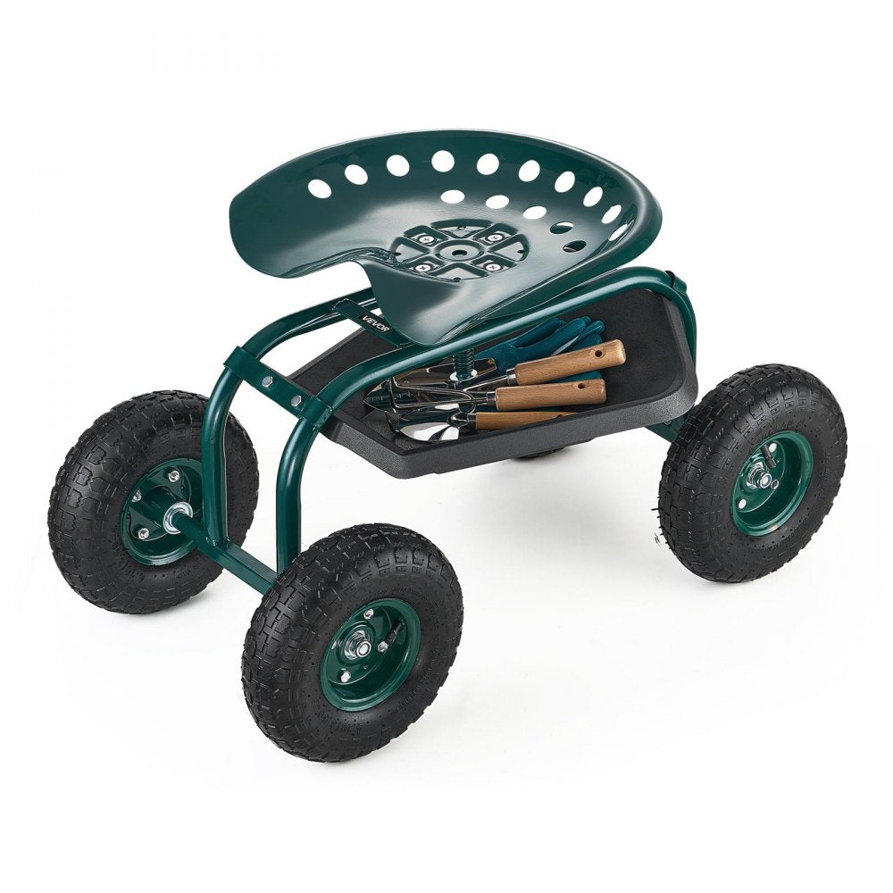 Rolling Garden Cart with Swivel Seat All-Terrain Wheels Tool Tray 136kg
