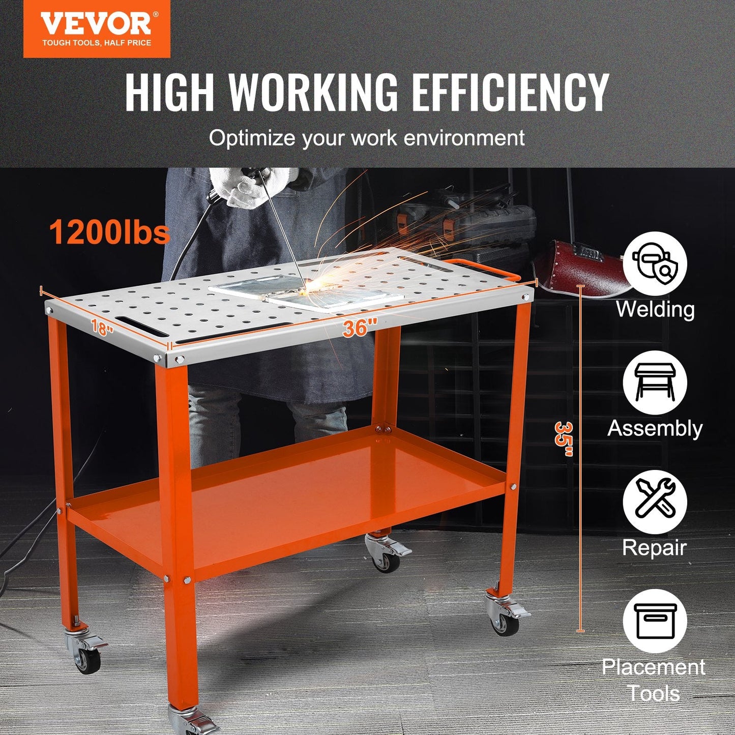 Portable Steel Welding Workbench with Lockable Wheels, 91.4 x 45.7 cm, 544 kg Capacity