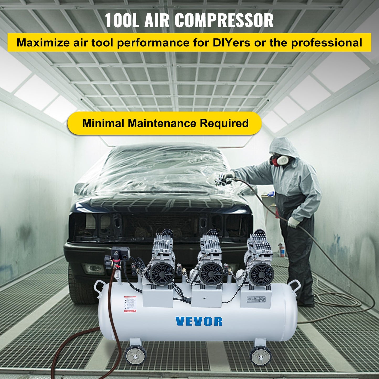 VEVOR Oil Free Air Compressor Air Compressor Tank 100L 3HP Ultra Silent Inflator