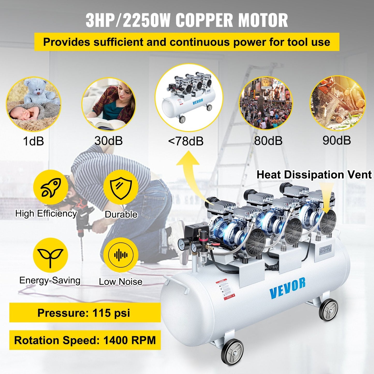 Ultra Silent 100L Oil-Free Air Compressor, 3HP, 78kg - Low Noise & Portable