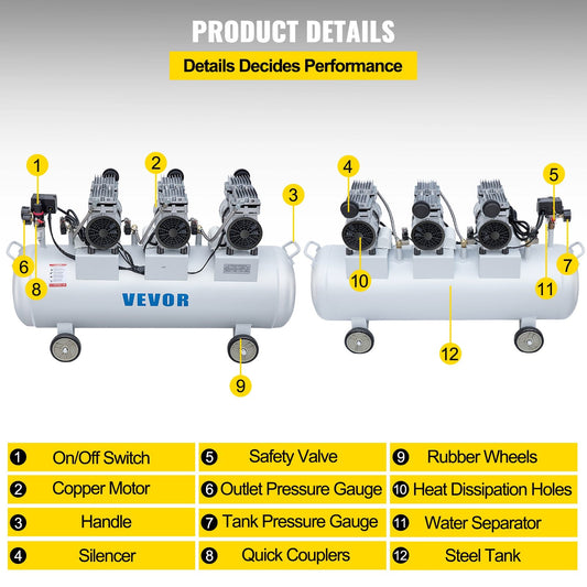 Ultra Silent 100L Oil-Free Air Compressor, 3HP, 78kg - Low Noise & Portable
