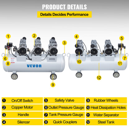 VEVOR Oil Free Air Compressor Air Compressor Tank 100L 3HP Ultra Silent Inflator