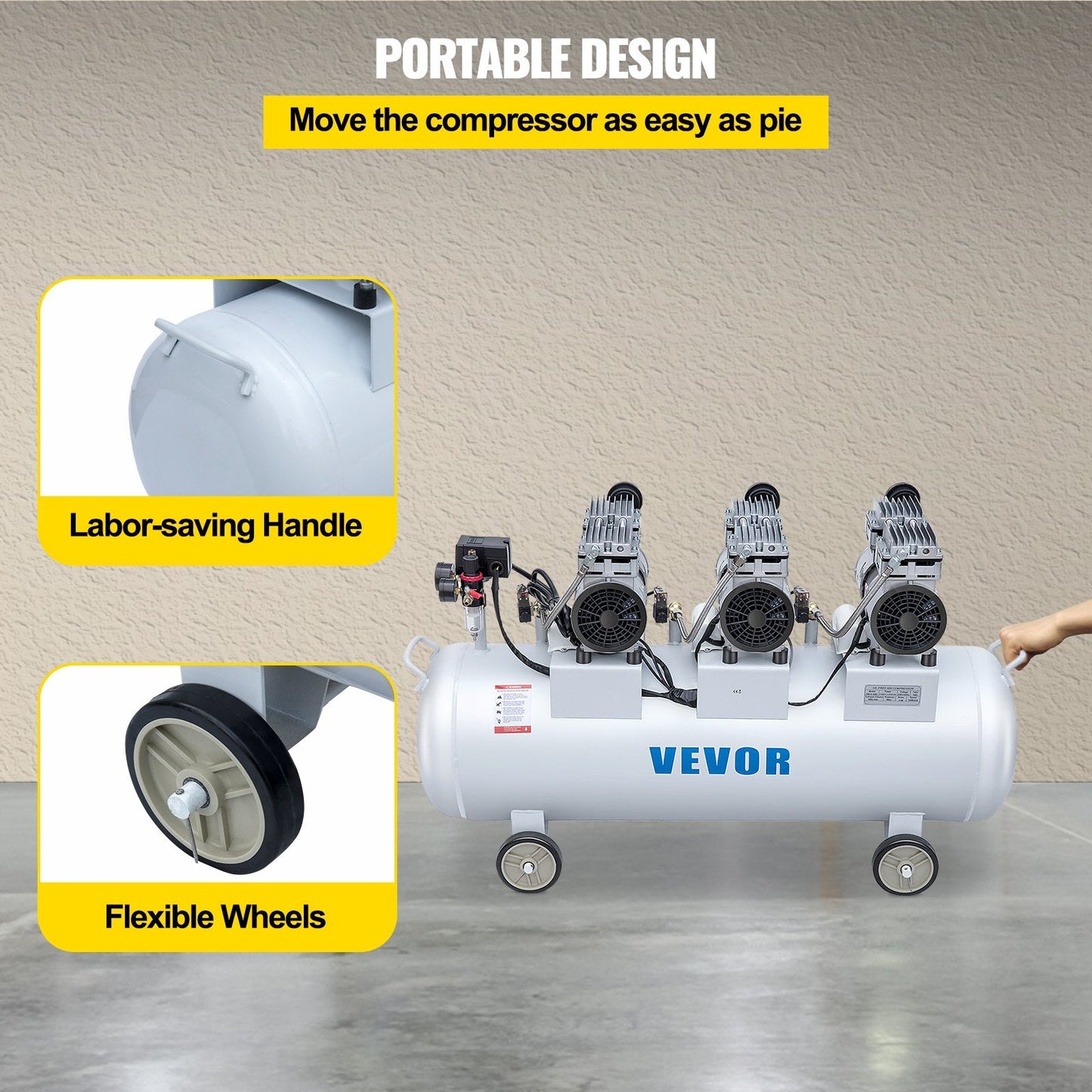 Ultra Silent 100L Oil-Free Air Compressor, 3HP, 78kg - Low Noise & Portable