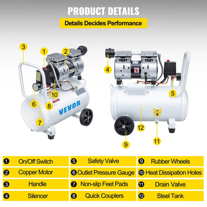 0.75HP Oil-Free Silent Air Compressor, 30L Tank, 22.5 kg, White