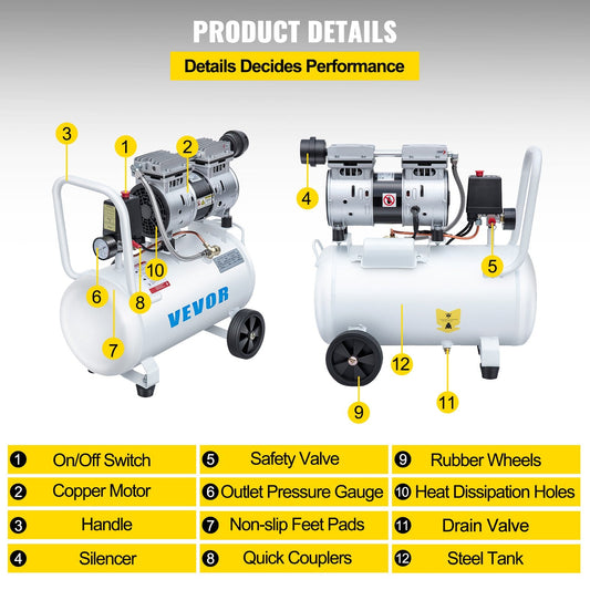 0.75HP Oil-Free Silent Air Compressor, 30L Tank, 22.5 kg, White