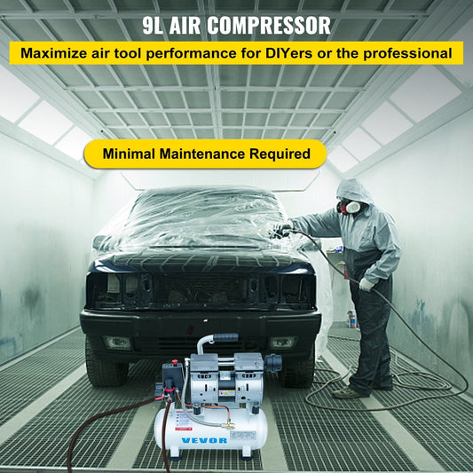 0.75HP Silent Air Compressor, 9L Tank, Oil-Free, Low Noise, Portable Design