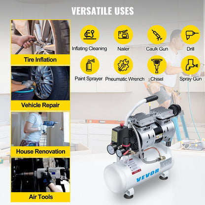 0.75HP Silent Air Compressor, 9L Tank, Oil-Free, Low Noise, Portable Design