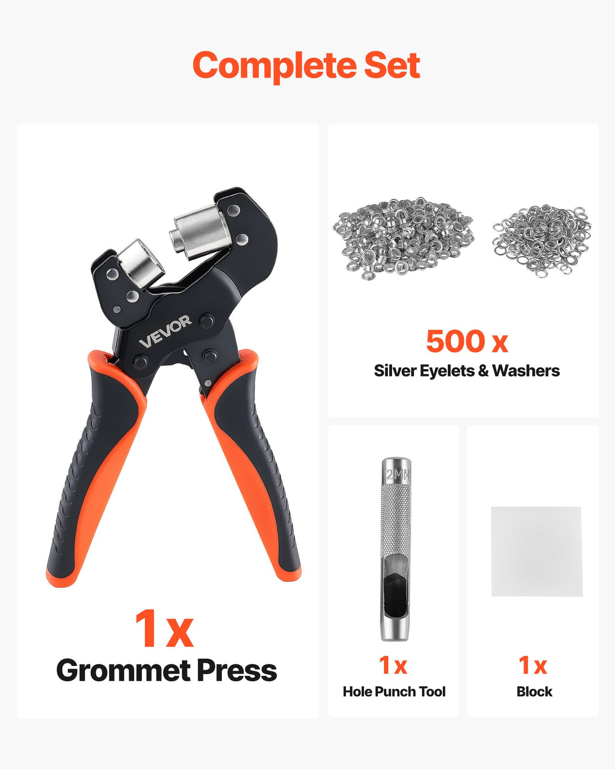Grommet Tool Kit 12 mm Eyelet Tool Kit with 500 PCS Silver Grommets, with Eyelets and Washers, Manual Grommet Press Pliers, Hole Punch, and Block, for Leather, Tarps, Shoes, Crafts, and Fabric