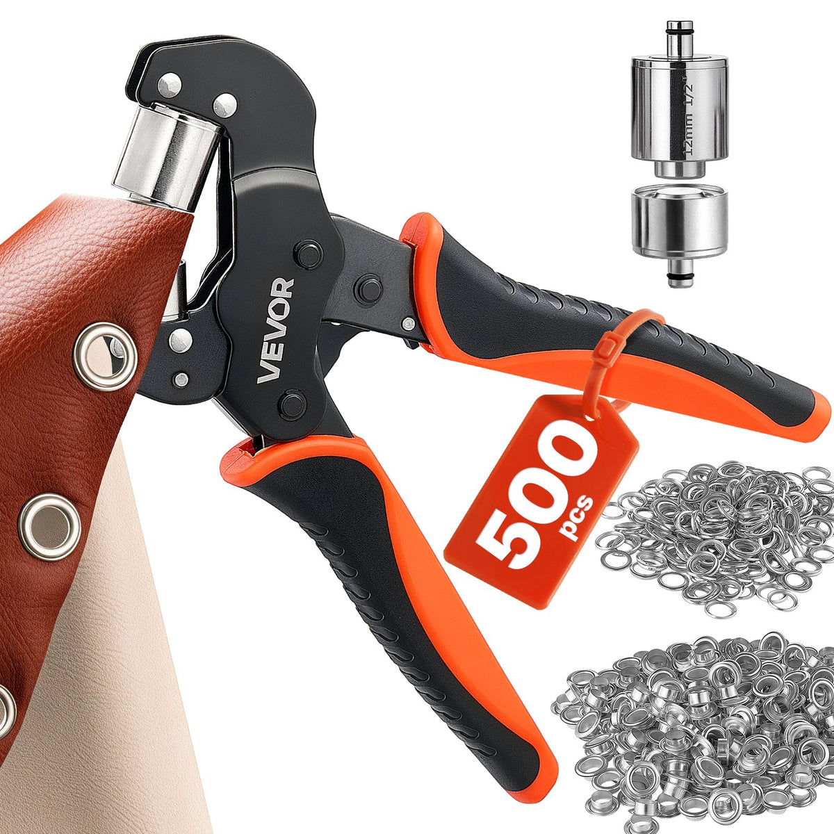 Grommet Tool Kit 12 mm Eyelet Tool Kit with 500 PCS Silver Grommets, with Eyelets and Washers, Manual Grommet Press Pliers, Hole Punch, and Block, for Leather, Tarps, Shoes, Crafts, and Fabric