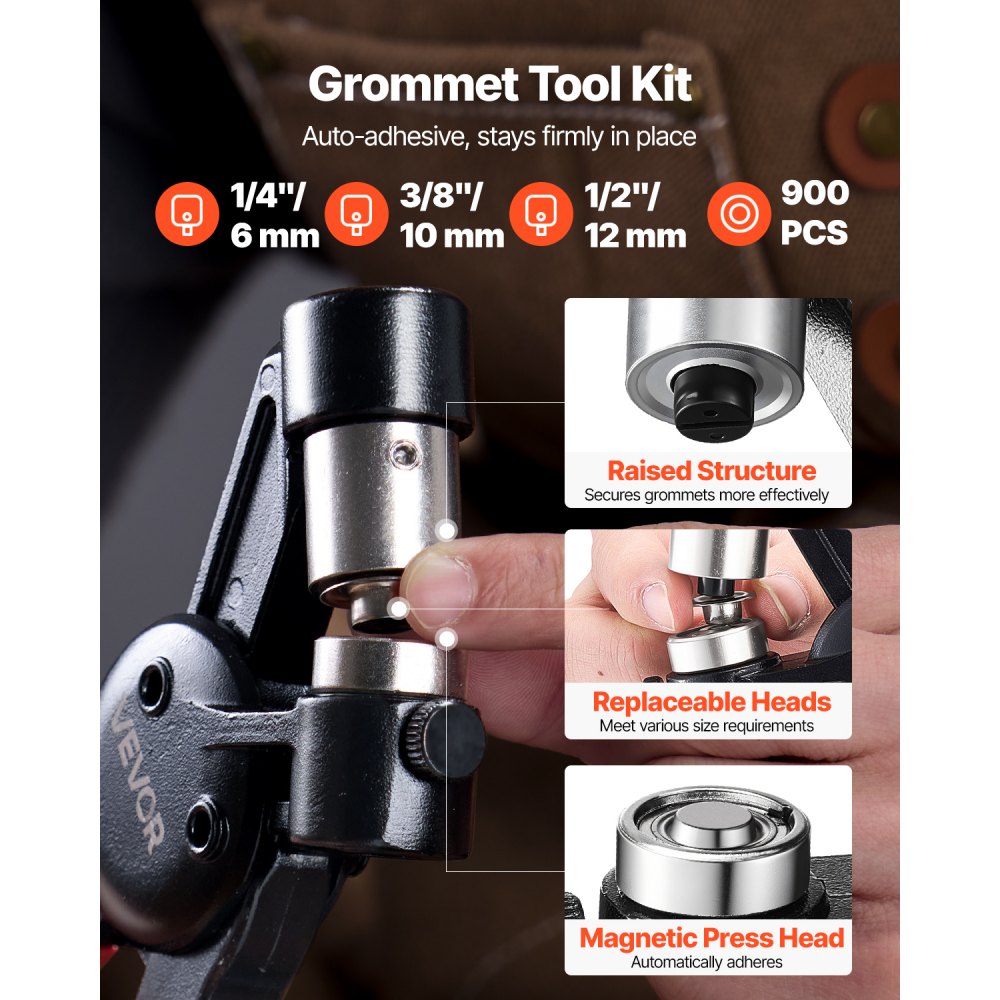 VEVOR Grommet Tool Kit 900PCS 6 mm 10 mm 12 mm Metal Eyelets Grommets Eyelet Kit