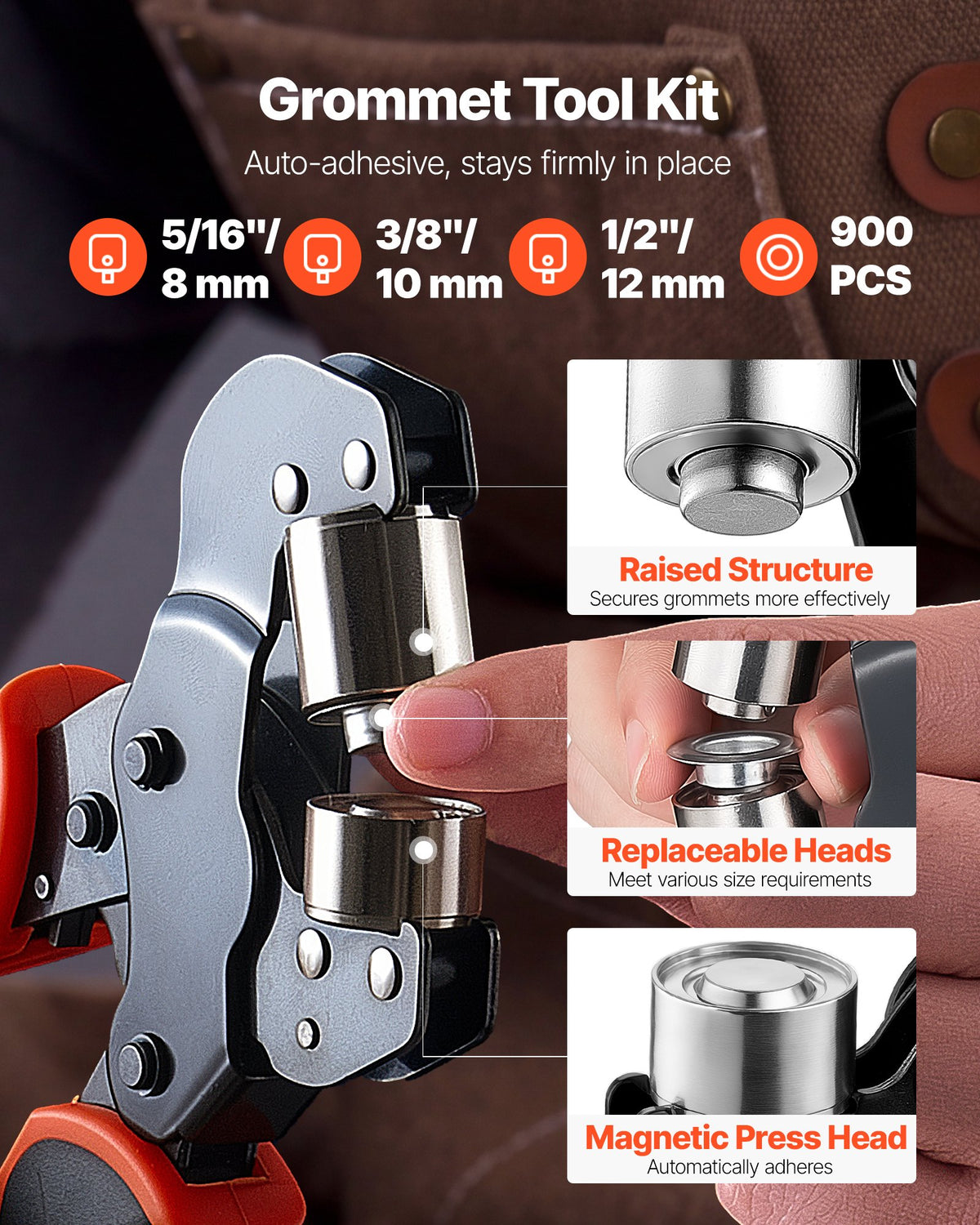 Grommet Tool Kit 8 mm 10 mm 12 mm 900 PCS Grommets Eyelet Tool Kit, with Eyelets and Washers, Manual Grommet Press Pliers, Hole Punch Tools, Blocks, for Leather, Tarps, Shoes, Crafts, Fabric