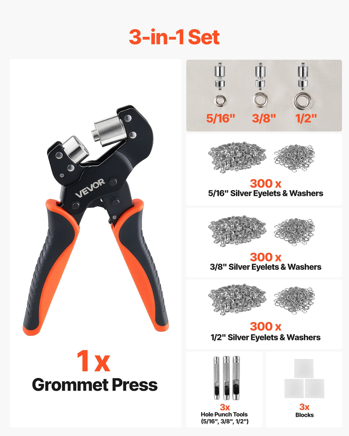 Grommet Tool Kit 8 mm 10 mm 12 mm 900 PCS Grommets Eyelet Tool Kit, with Eyelets and Washers, Manual Grommet Press Pliers, Hole Punch Tools, Blocks, for Leather, Tarps, Shoes, Crafts, Fabric