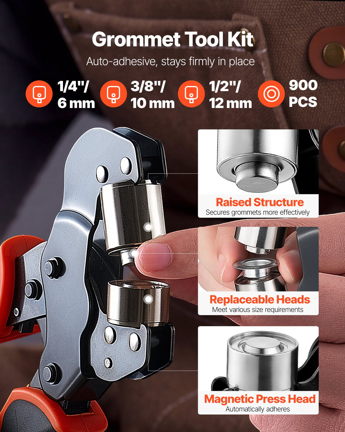 Grommet Tool Kit 6 mm 10 mm 12 mm 900 PCS Grommets Eyelet Tool Kit, with Eyelets and Washers, Manual Grommet Press Pliers, Hole Punch Tools, Blocks, for Leather, Tarps, Shoes, Crafts, Fabric