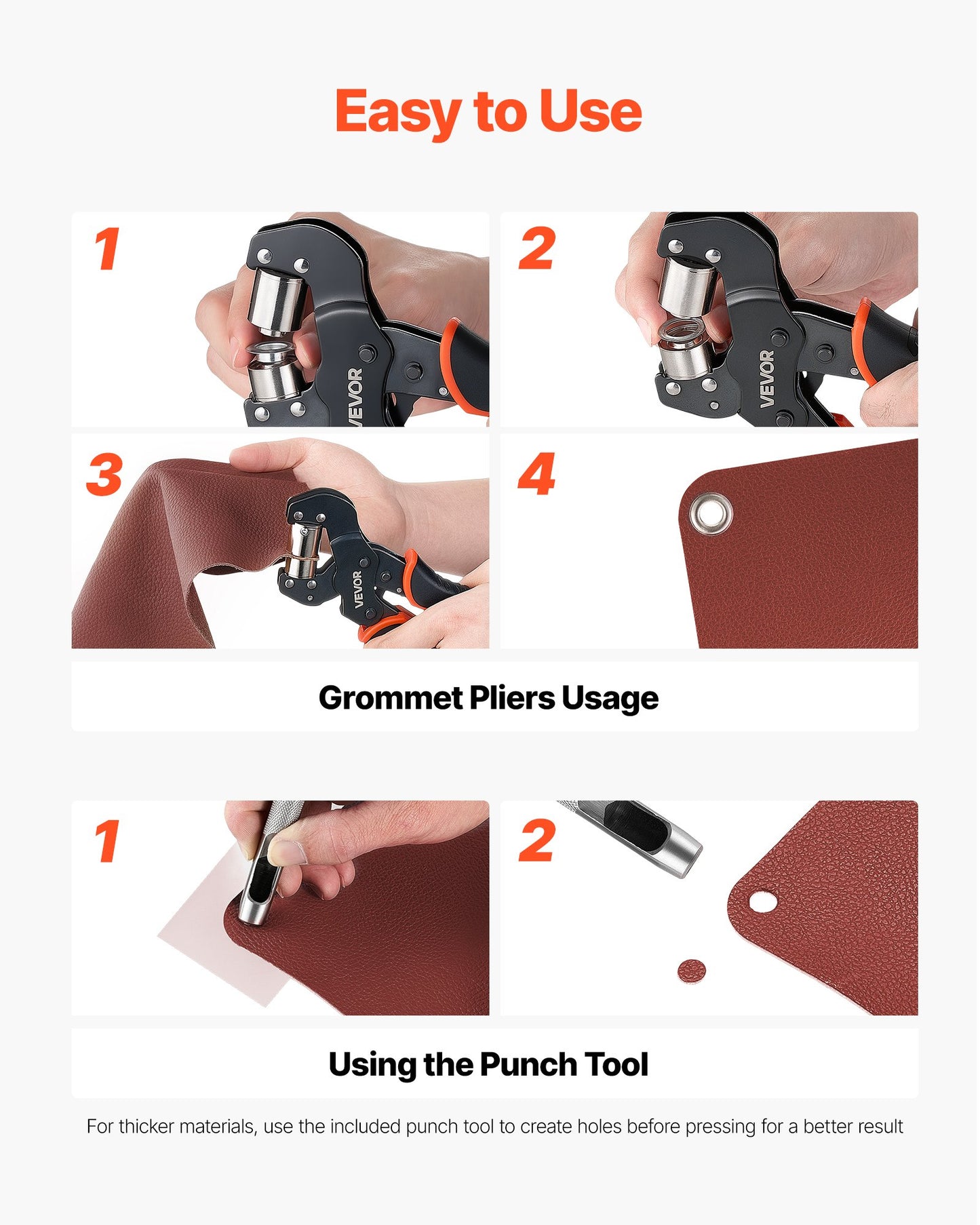 Grommet Tool Kit 6 mm 10 mm 12 mm 900 PCS Grommets Eyelet Tool Kit, with Eyelets and Washers, Manual Grommet Press Pliers, Hole Punch Tools, Blocks, for Leather, Tarps, Shoes, Crafts, Fabric