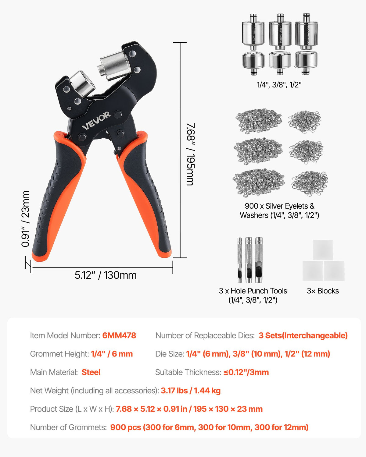 Grommet Tool Kit 6 mm 10 mm 12 mm 900 PCS Grommets Eyelet Tool Kit, with Eyelets and Washers, Manual Grommet Press Pliers, Hole Punch Tools, Blocks, for Leather, Tarps, Shoes, Crafts, Fabric