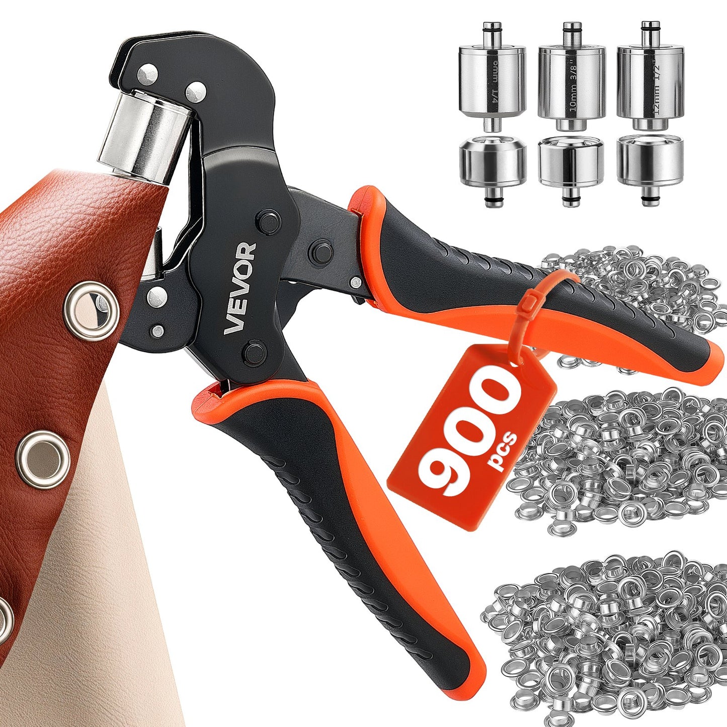 Grommet Tool Kit 6 mm 10 mm 12 mm 900 PCS Grommets Eyelet Tool Kit, with Eyelets and Washers, Manual Grommet Press Pliers, Hole Punch Tools, Blocks, for Leather, Tarps, Shoes, Crafts, Fabric