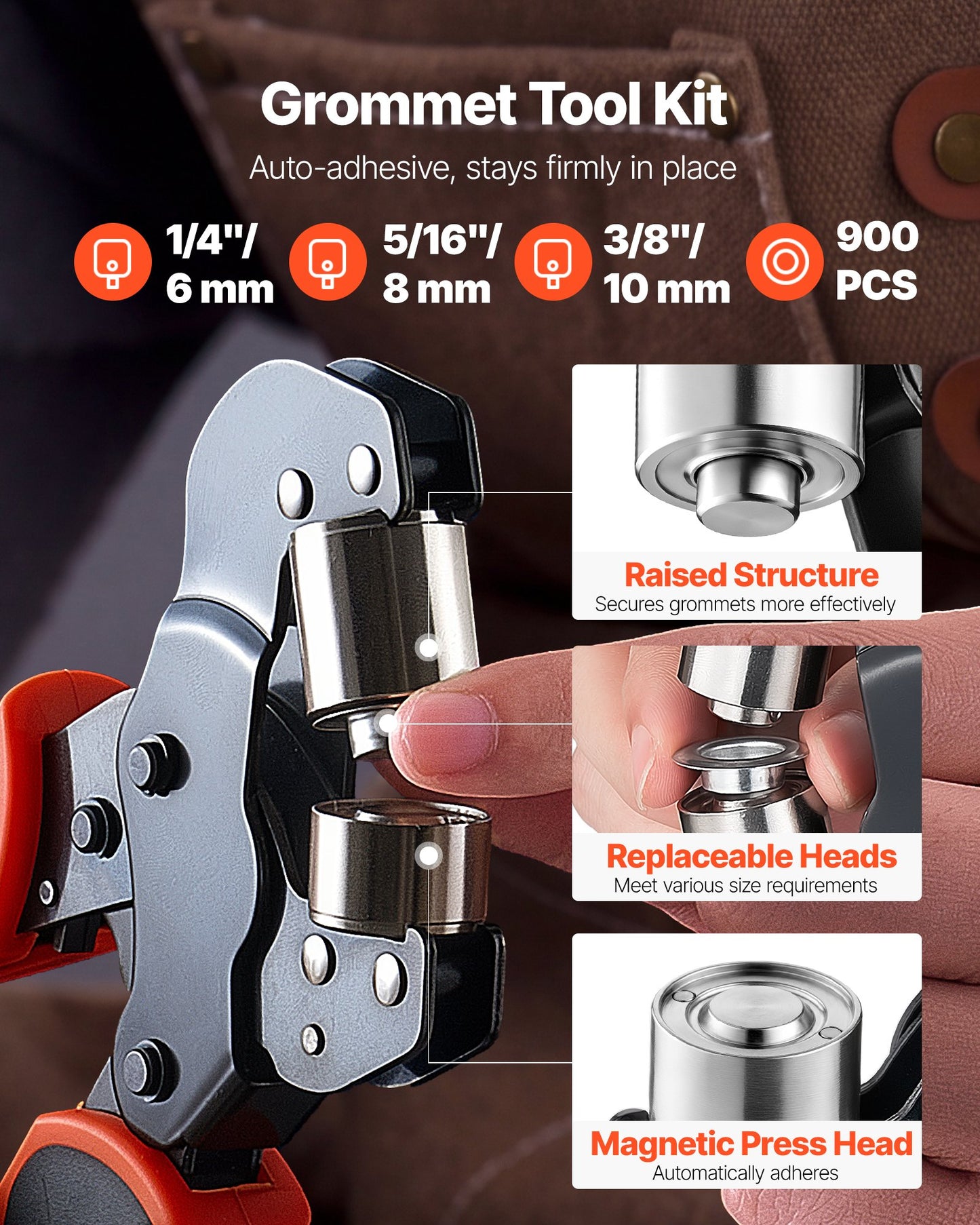 Grommet Tool Kit 6 mm 8 mm 10 mm 900 PCS Grommets Eyelet Tool Kit, with Eyelets and Washers, Manual Grommet Press Pliers, Hole Punch Tools, Blocks, for Leather, Tarps, Shoes, Crafts, Fabric