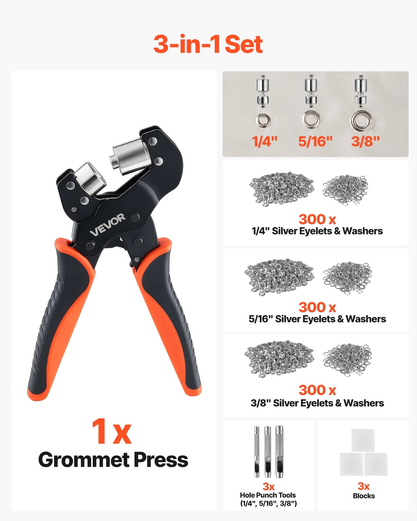 Grommet Tool Kit 6 mm 8 mm 10 mm 900 PCS Grommets Eyelet Tool Kit, with Eyelets and Washers, Manual Grommet Press Pliers, Hole Punch Tools, Blocks, for Leather, Tarps, Shoes, Crafts, Fabric