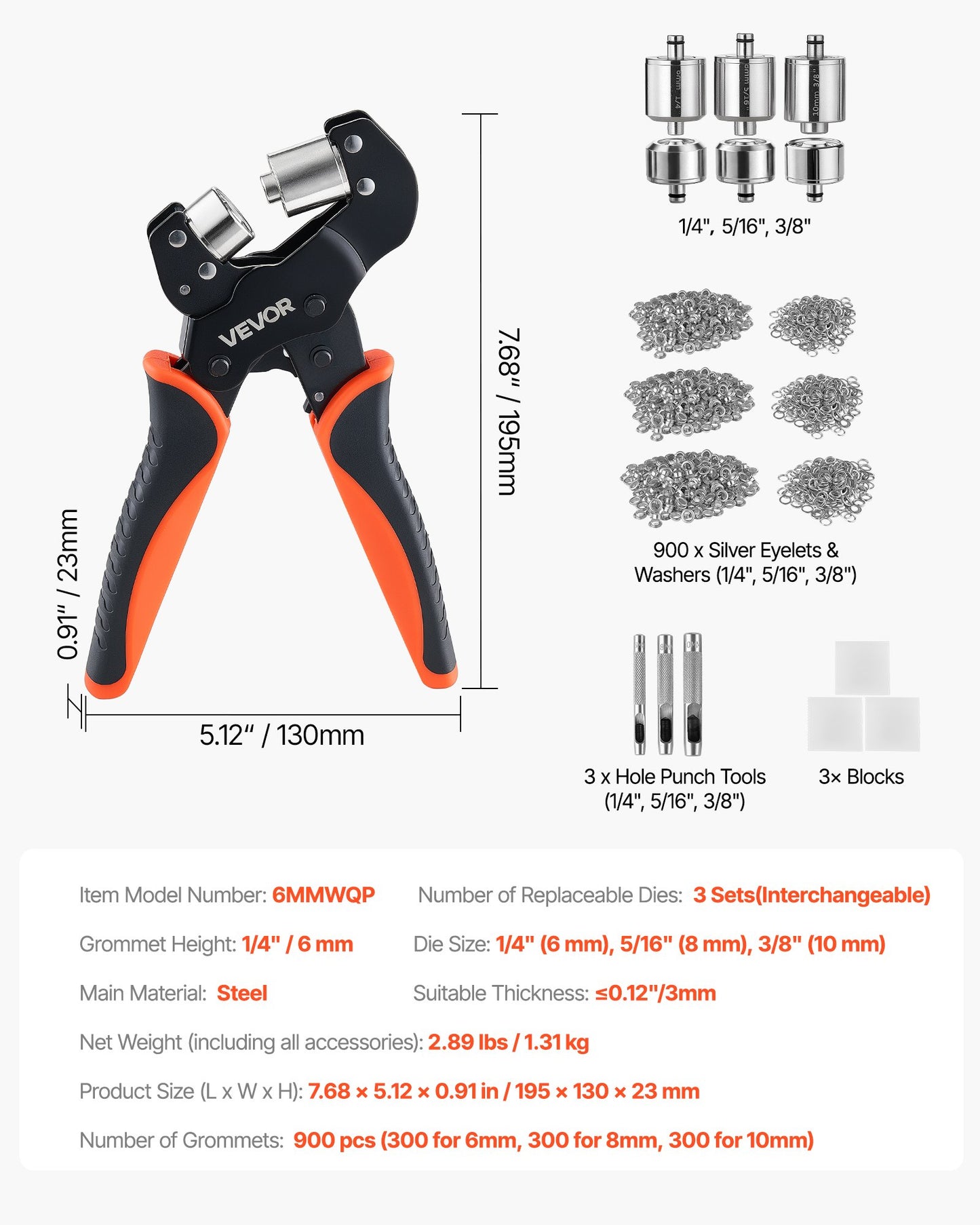 Grommet Tool Kit 6 mm 8 mm 10 mm 900 PCS Grommets Eyelet Tool Kit, with Eyelets and Washers, Manual Grommet Press Pliers, Hole Punch Tools, Blocks, for Leather, Tarps, Shoes, Crafts, Fabric
