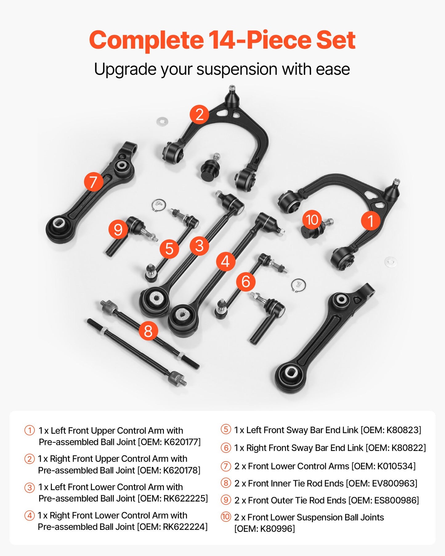 Left Right Front Upper & Lower Control Arms Kit, OEM Suspension Kit Compatible with 2011-2017 Chrysler 300 RWD, 2011-2017 Dodge Challenger RWD, 2011-2014 Dodge Charger RWD (14PCS)