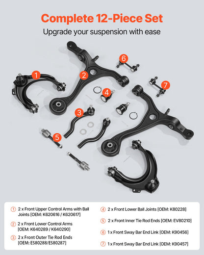 Front Upper Lower Control Arms, OEM Suspension Kit Compatible with 2004-2008 ACURA TSX, 2003-2007 Honda Accord Sedan/Coupe (2.4L Gas Engine Only) - 12PCS