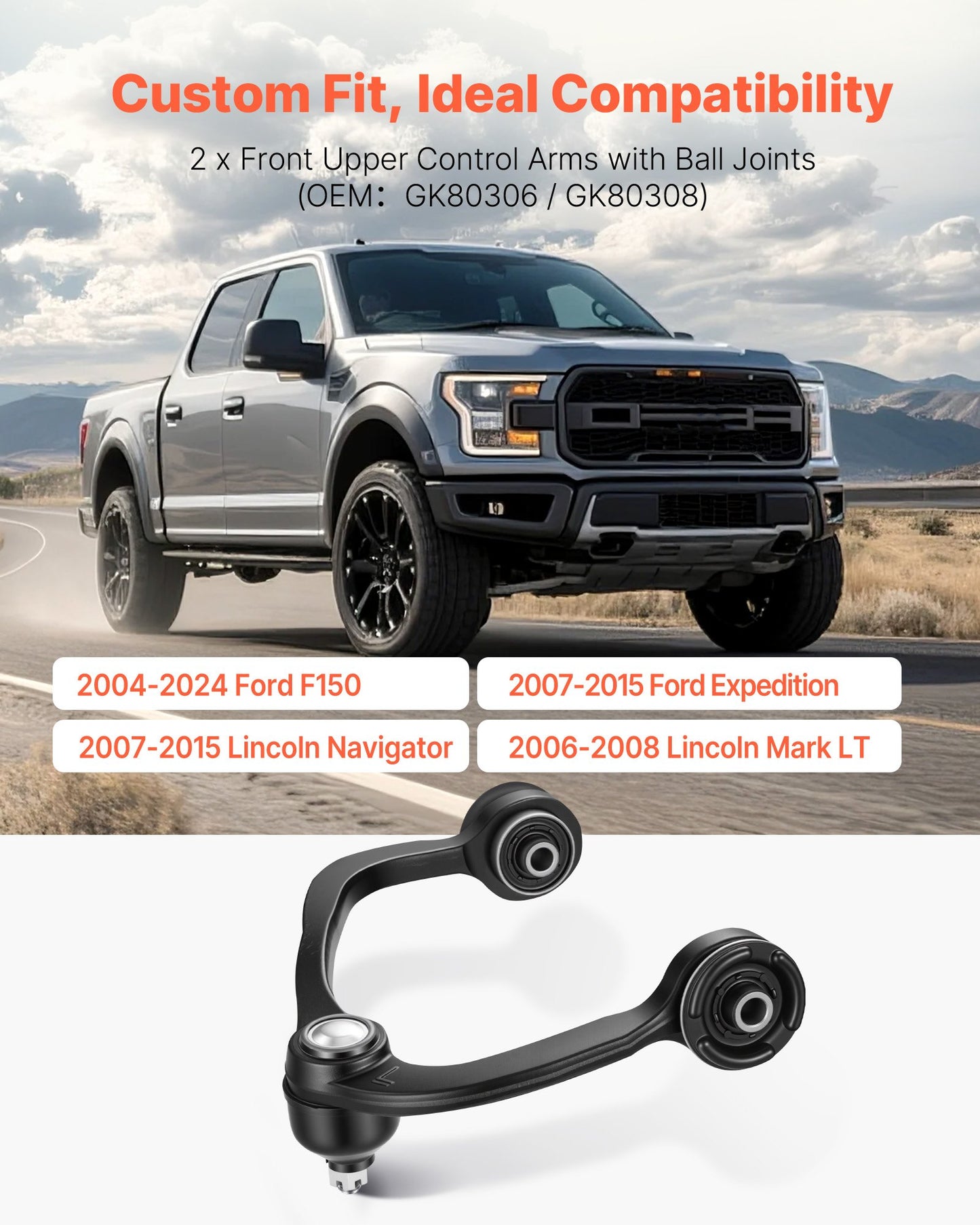 Front Upper Control Arms with Ball Joints, OEM Suspension Kit Compatible with 2004-2024 Ford F150, 2007-2015 Ford Expedition, 2007-2015 Lincoln Navigator, 2006-2008 Lincoln Mark LT (2PCS)