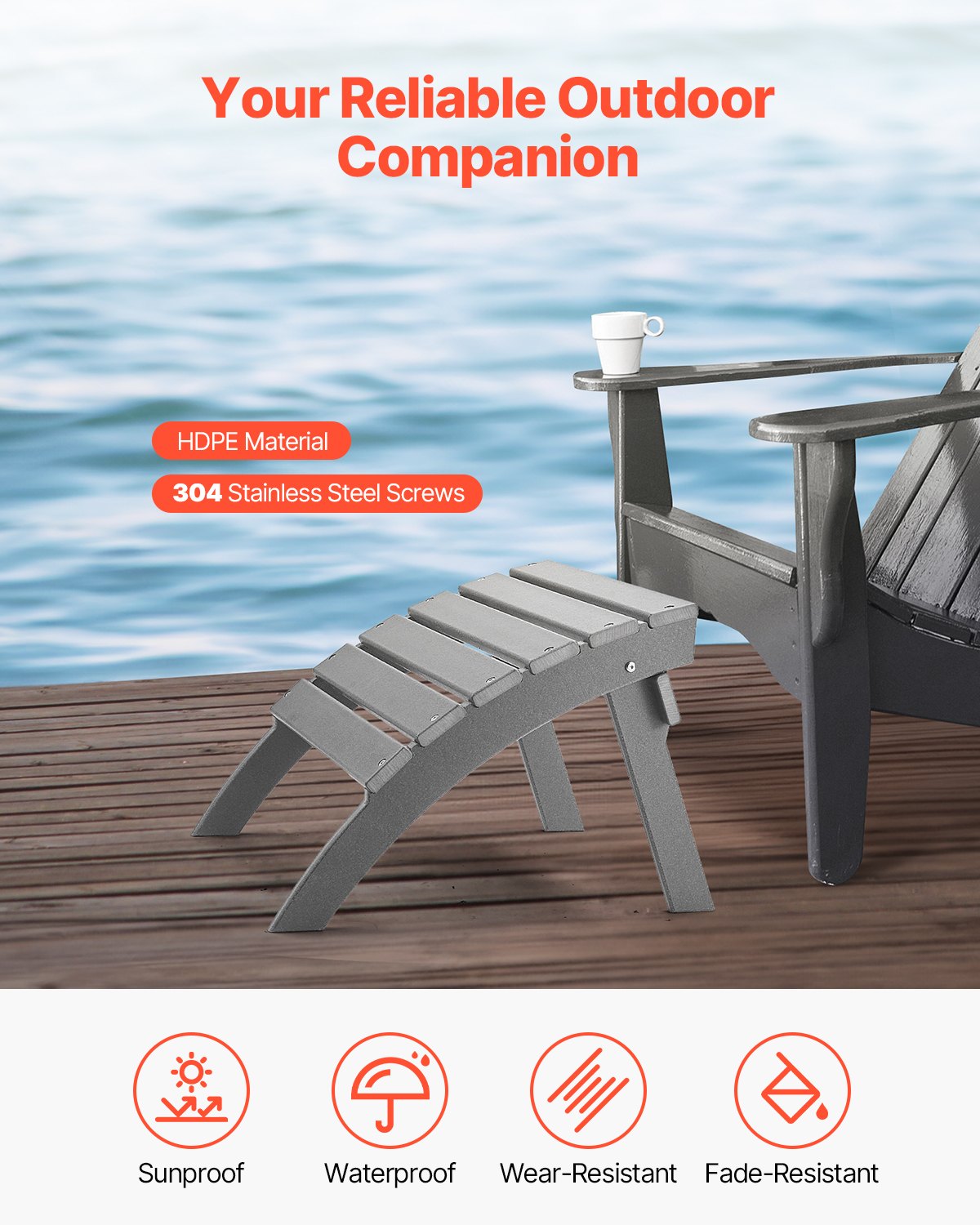VEVOR Adirondack Ottoman 54.7L x 48W x 37.7H cm HDPE Folding Footrest Gray