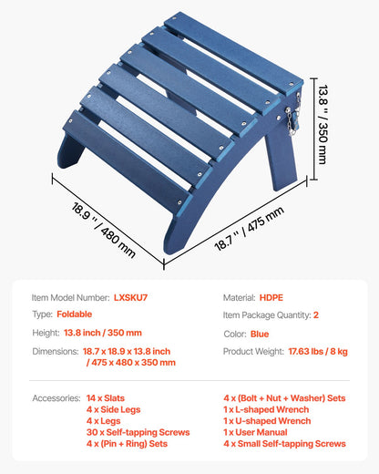 VEVOR Adirondack Ottoman 2 Set 47.5L x 48W x 35H cm HDPE Folding Footrest Blue