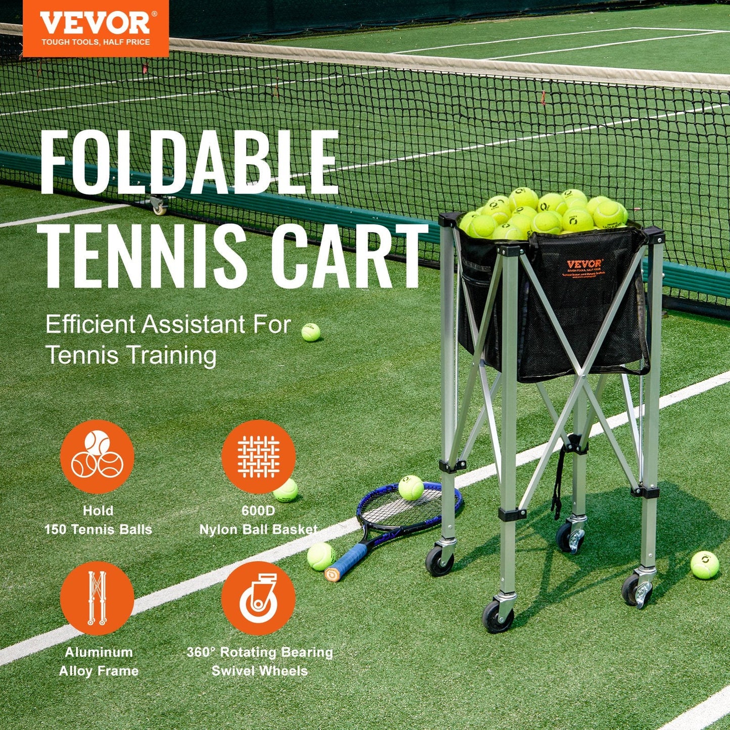 Foldable Tennis Ball Hopper with Wheels, Holds 150 Balls, Portable & Lightweight