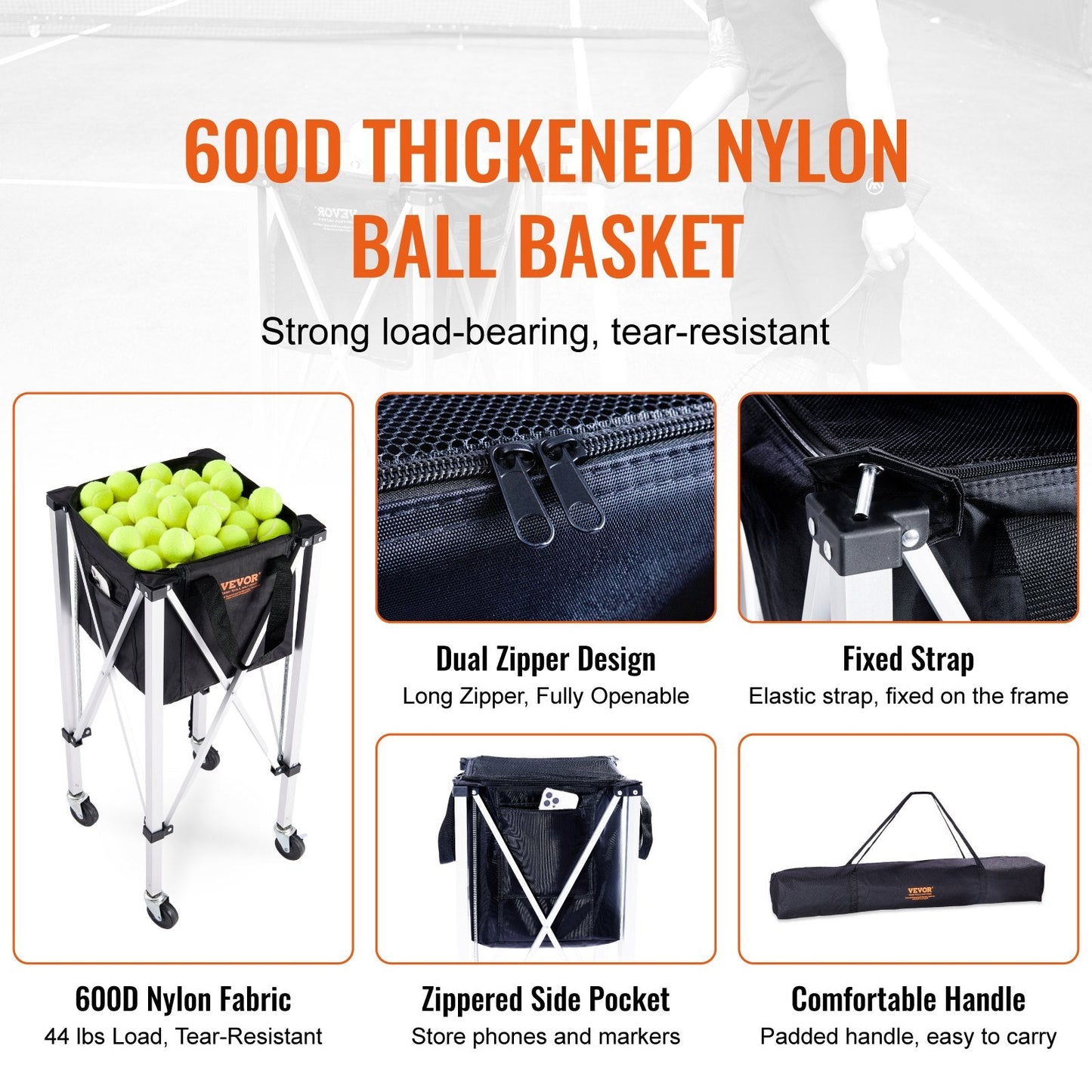 Foldable Tennis Ball Hopper with Wheels, Holds 150 Balls, Portable & Lightweight