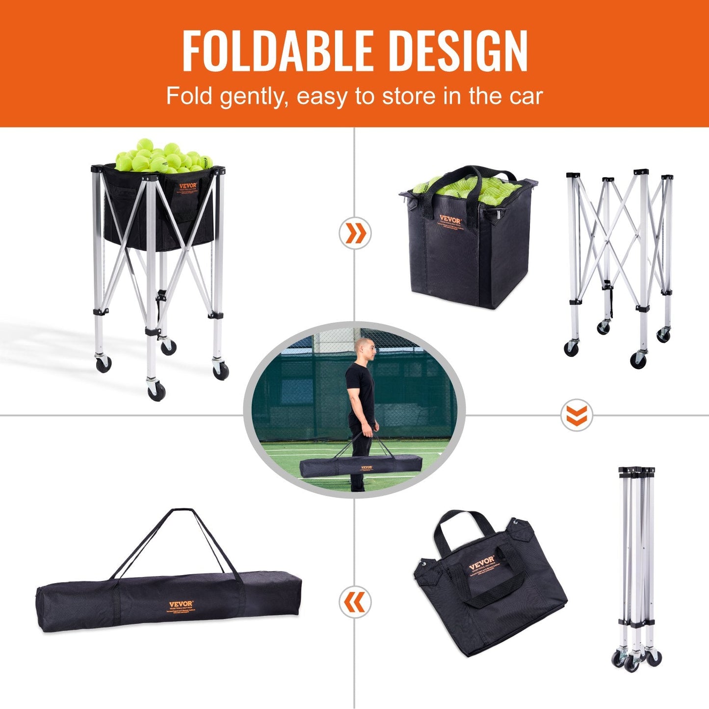 Foldable Tennis Ball Hopper with Wheels, Holds 150 Balls, Portable & Lightweight