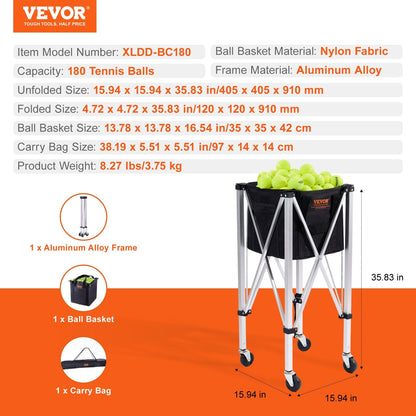 Foldable Tennis Ball Hopper with 180-Ball Capacity and Aluminum Frame