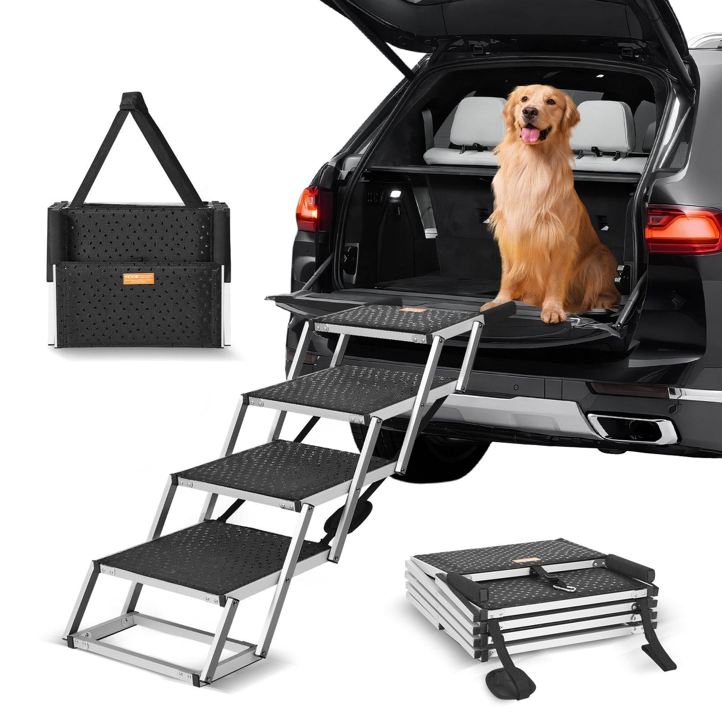 4-Step Folding Dog Stairs, Aluminum, Holds up to 68 kg, Adjustable Height